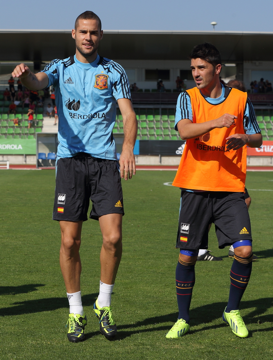 Mario Suárez y Villa, en el entrenamiento de la selección el miércoles 4 de septiembre en La Ciudad del Fútbol de Las Rozas
