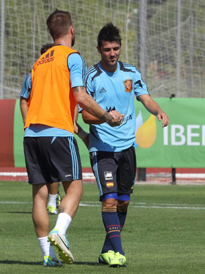 David Villa y Sergio Ramos en el entrenamiento de la selección el miércoles 4 de septiembre en La Ciudad del Fútbol