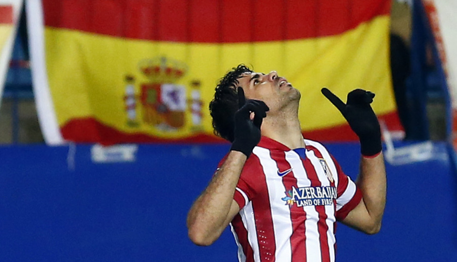 temporada 13/14. Partido Champions League. Atlético de Madrid-AC Milan. Diego Costa celebrando un gol