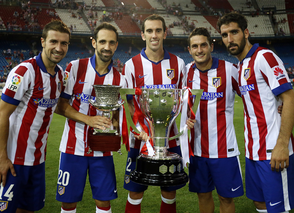 Temporada 14-15. Jornada 2 de Liga. Atlético de Madrid-Eibar. Gabi, Juanfran, Godín, Koke y Raúl García.