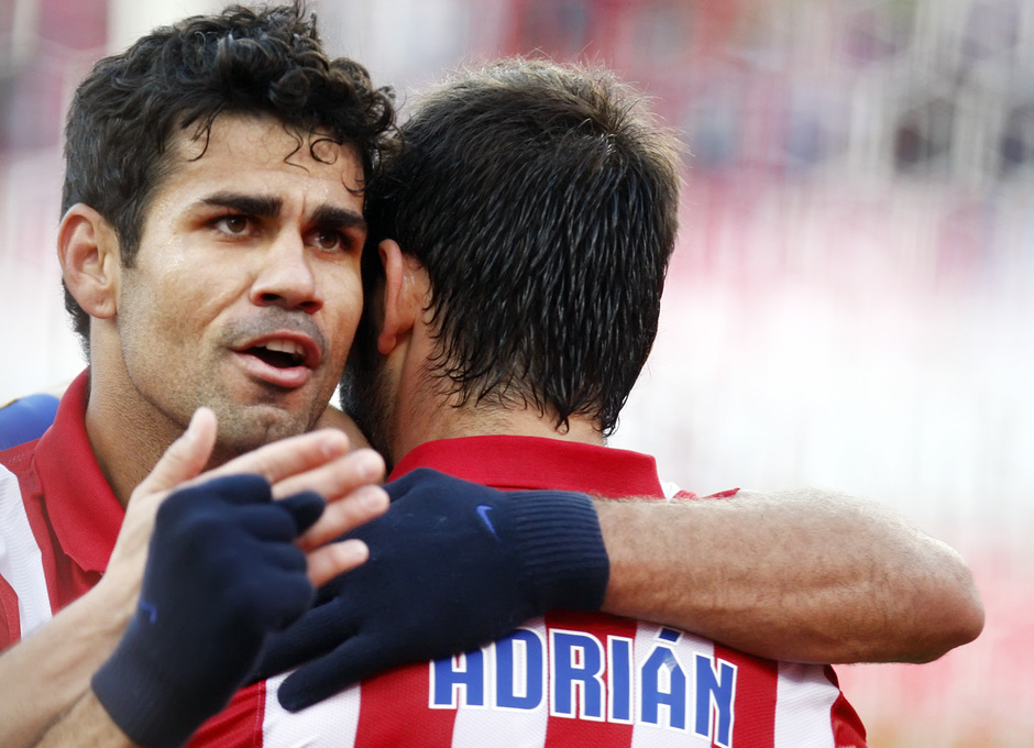Temporada 20132-2014. Partido Atlético de Madrid- Bilbao, Costa y Adrián celebrando un gol