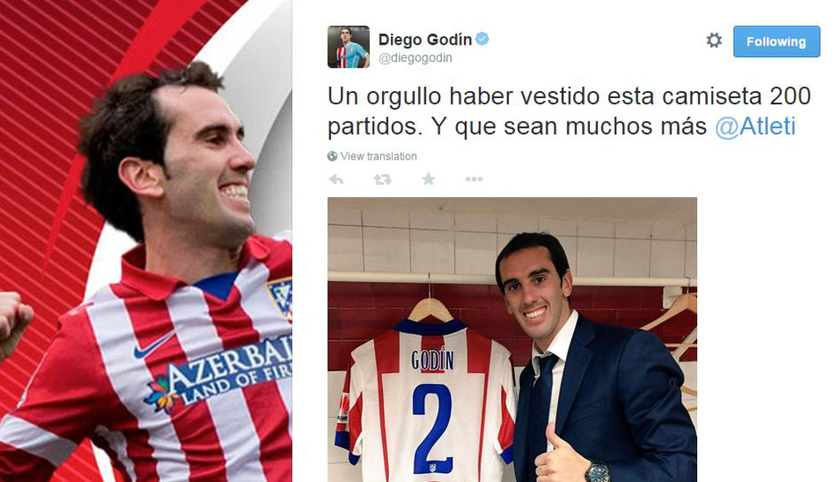 Tuit de Godín al cumplir los 200 partidos con la rojiblanca