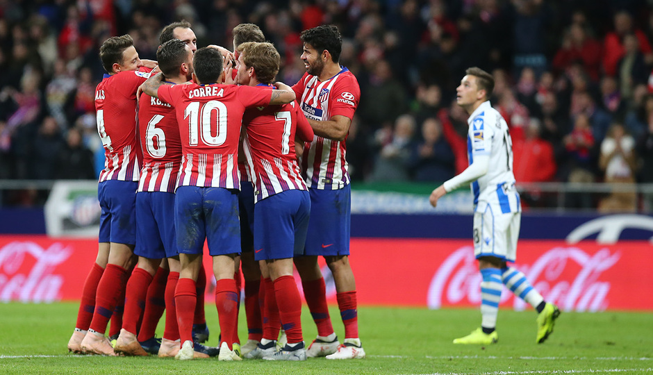 Los jugadores del Atlético festejan el gol de Filipe (Foto: ATM).