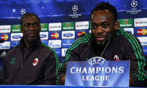 temporada 13/14. rueda de prensa de Seedorf y Essien en el estadio Vicente Calderón. Champions League