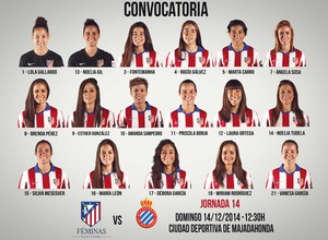 Temp. 2014-2015. Convocatoria Atlético de Madrid Féminas-Espanyol