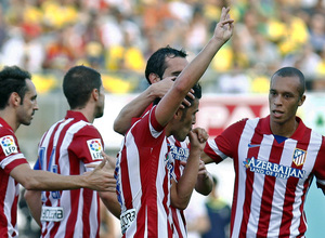 Temporada 2013-14. UD Las Palmas - Atlético de Madrid. David Villa celebra su primer gol con el equipo rojiblanco