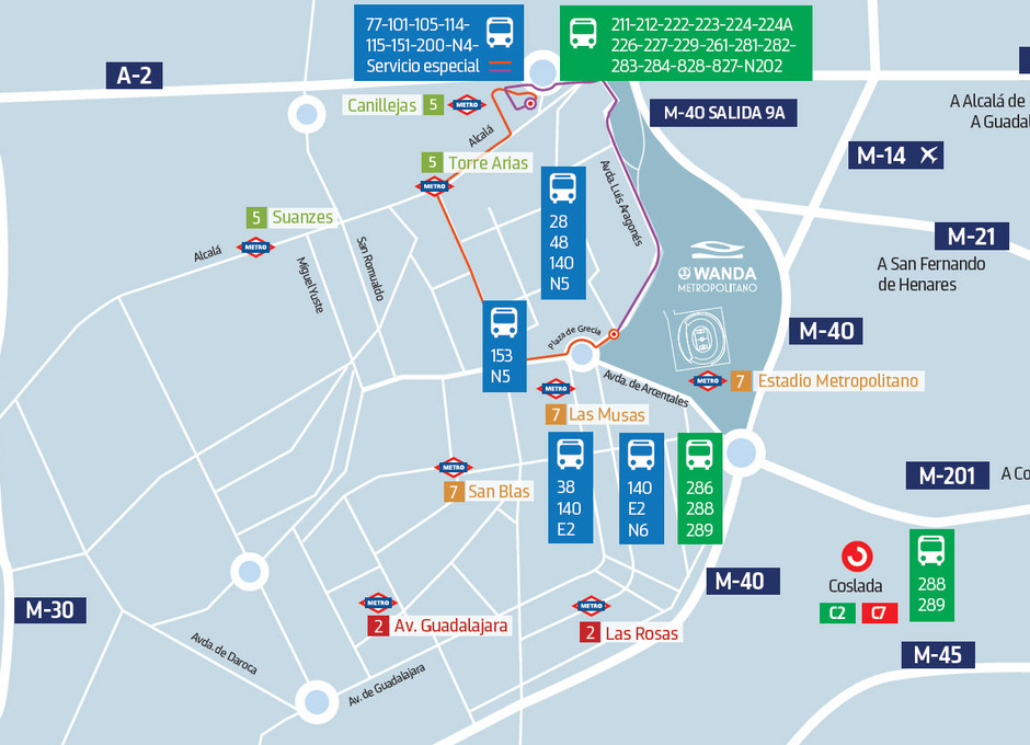 Temporada 2018/19. Wanda Metropolitano. Mapa de transportes 16/9